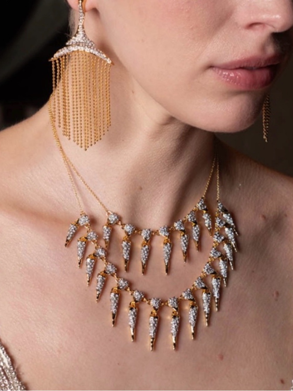 NEW Alexis Bittar Solanales Crystal Spear Layered Fringe Necklace Gold JL01